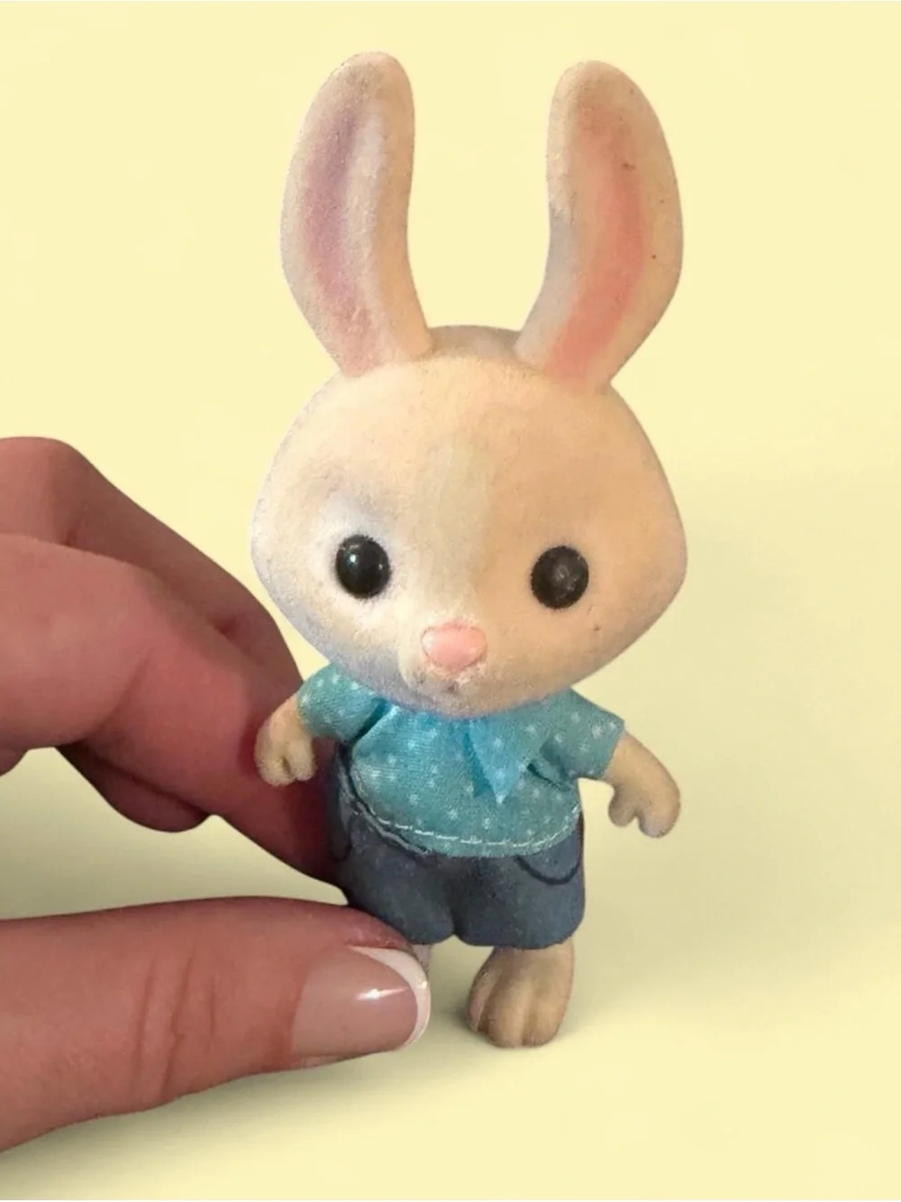 Small Plush Bunny Pet Figure in Cream with Blue Outfit